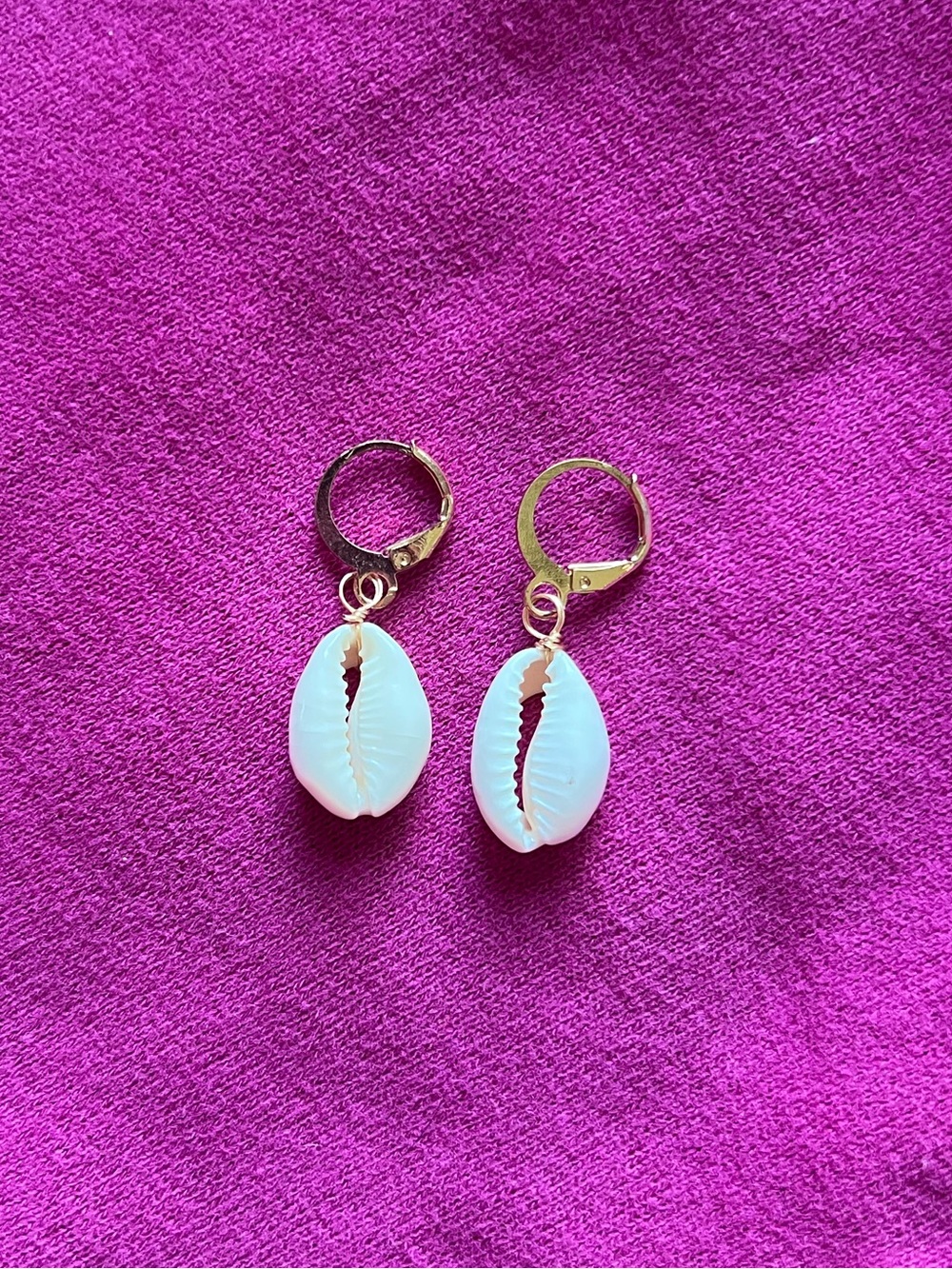 Gold Hoop Earrings with White Cowrie Shell Charms